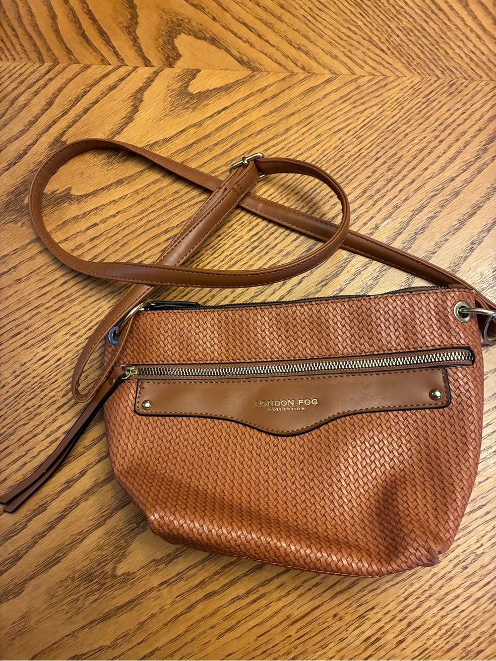 London Fog Cognac Woven Crossbody Bag